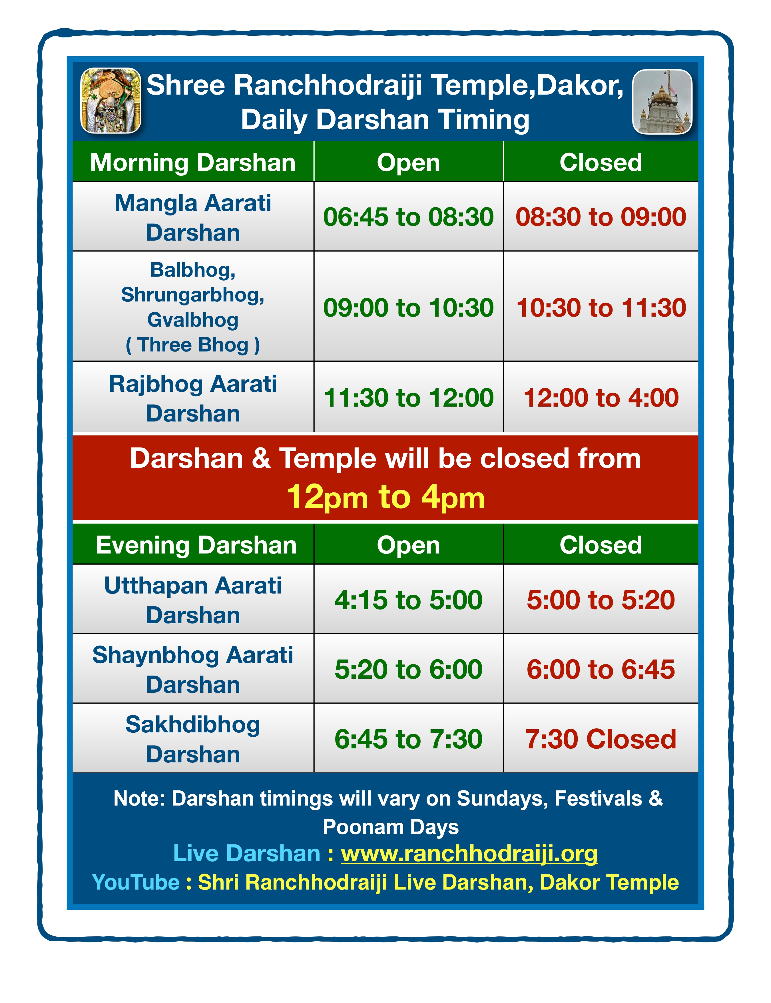 Daily Darshan Timing - English